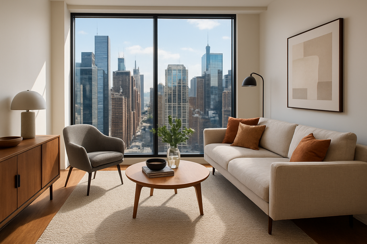 Modern furnished apartment in a bustling cityscape